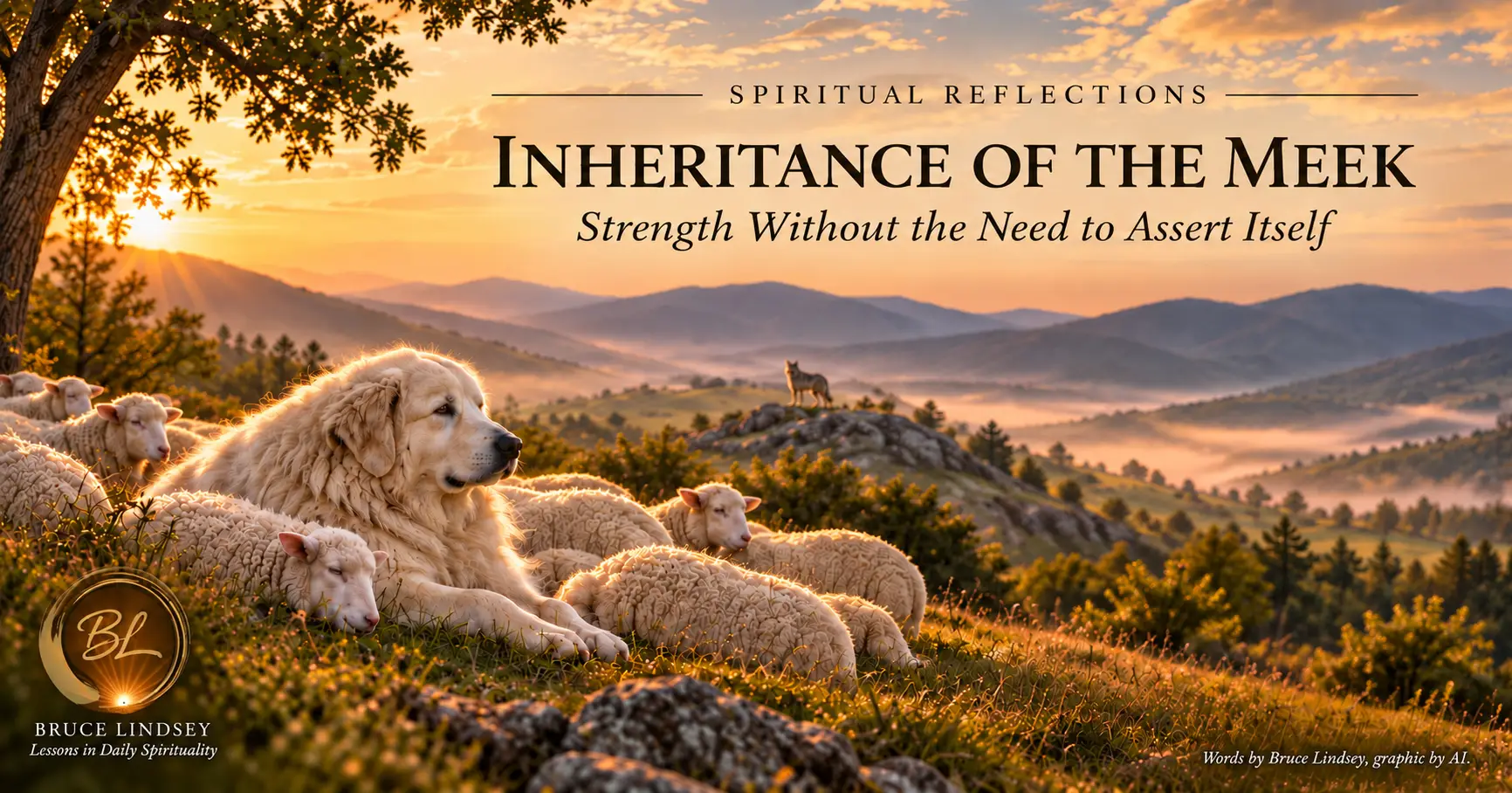 Inheritance of the Meek - sheep resting with a guardian dog at sunrise